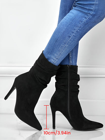 Faux Suede Pointed Toe High Heels Ruched Ankle Boots