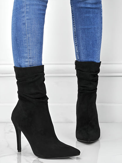 Faux Suede Pointed Toe High Heels Ruched Ankle Boots