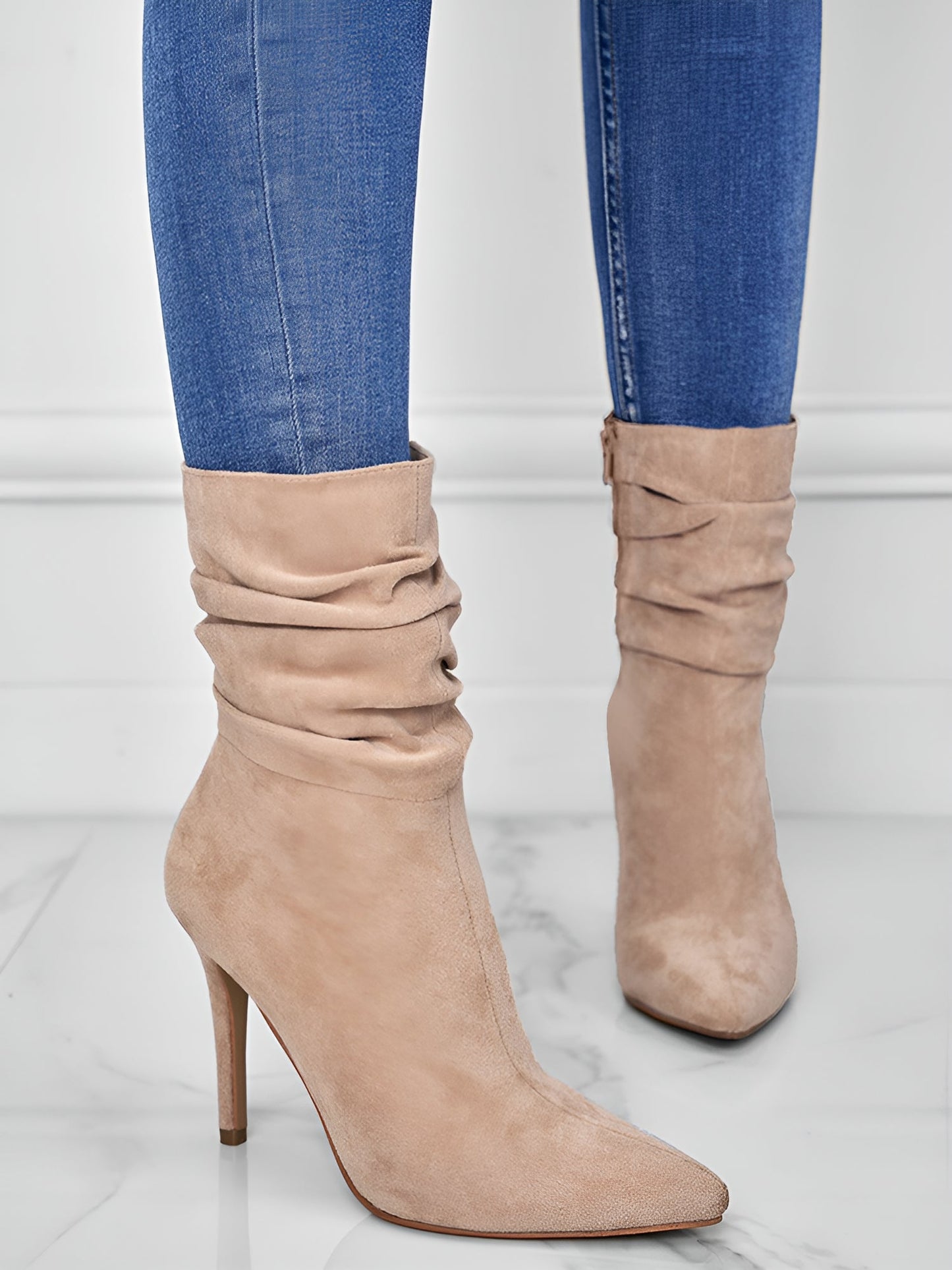 Faux Suede Pointed Toe High Heels Ruched Ankle Boots