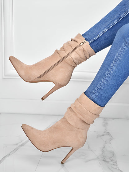 Faux Suede Pointed Toe High Heels Ruched Ankle Boots