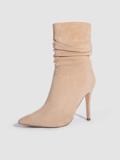 Faux Suede Pointed Toe High Heels Ruched Ankle Boots