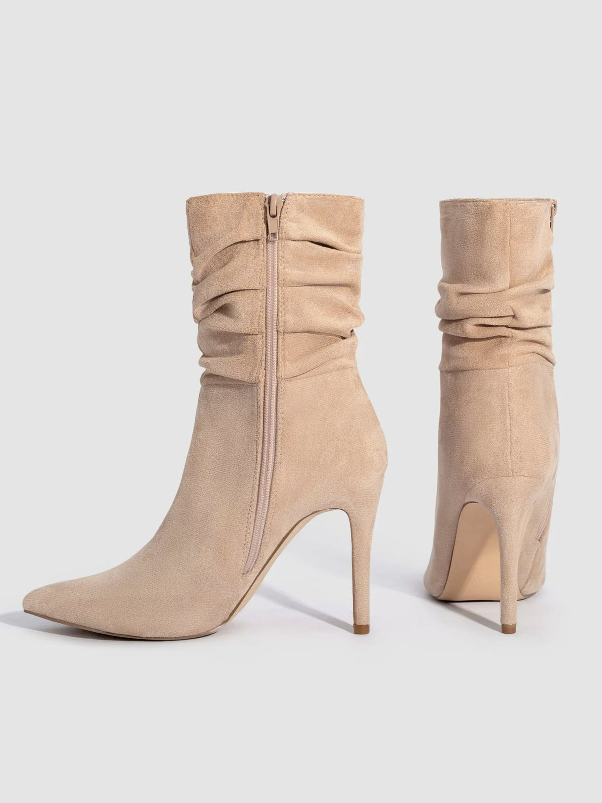 Faux Suede Pointed Toe High Heels Ruched Ankle Boots