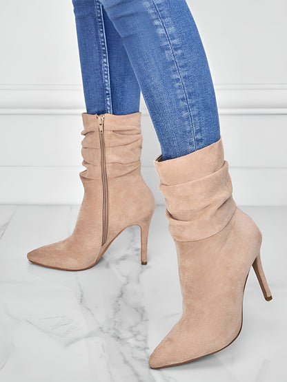 Faux Suede Pointed Toe High Heels Ruched Ankle Boots