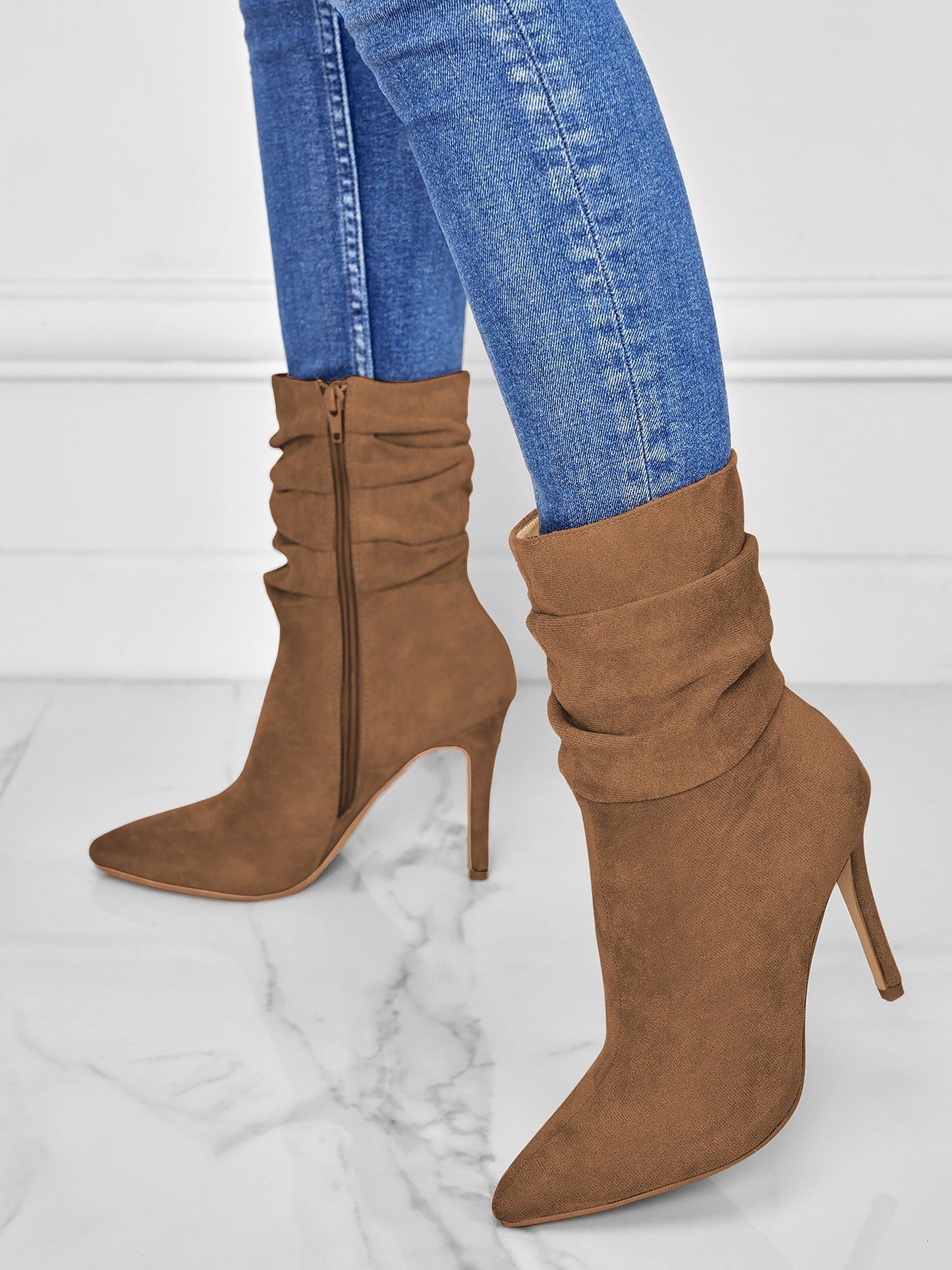 Faux Suede Pointed Toe High Heels Ruched Ankle Boots
