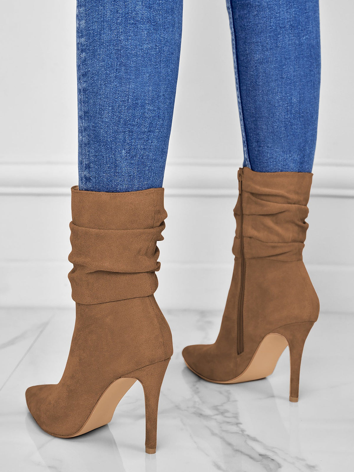 Faux Suede Pointed Toe High Heels Ruched Ankle Boots