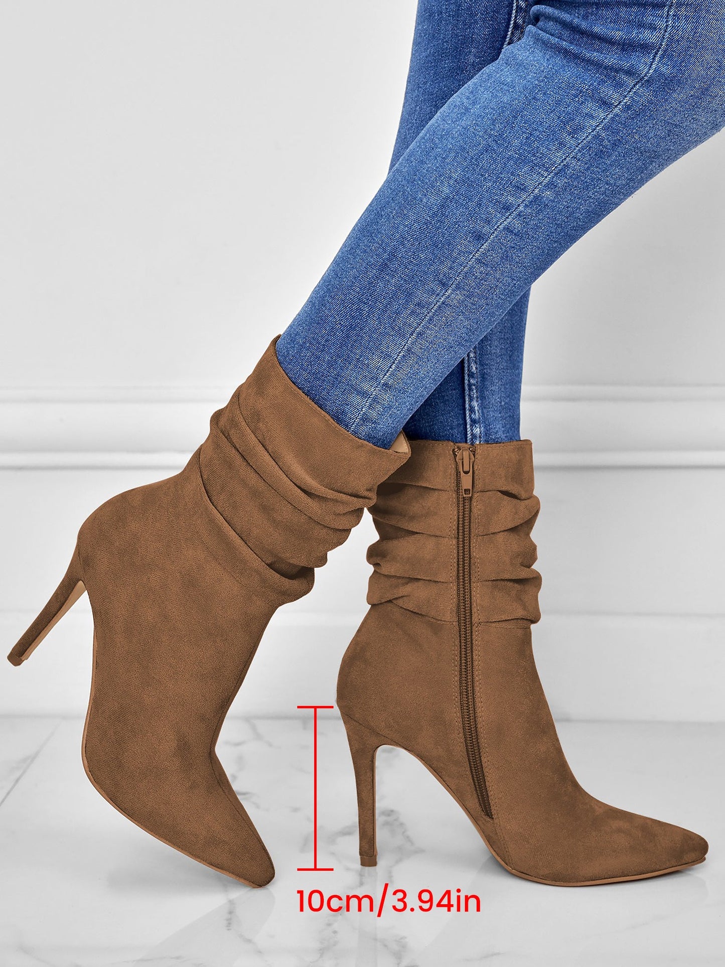 Faux Suede Pointed Toe High Heels Ruched Ankle Boots