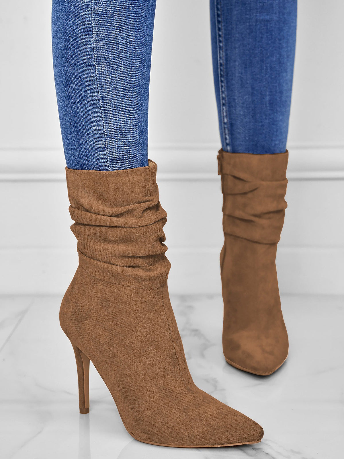 Faux Suede Pointed Toe High Heels Ruched Ankle Boots