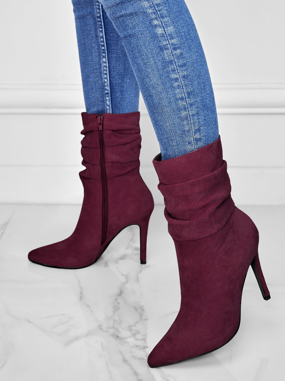 Faux Suede Pointed Toe High Heels Ruched Ankle Boots