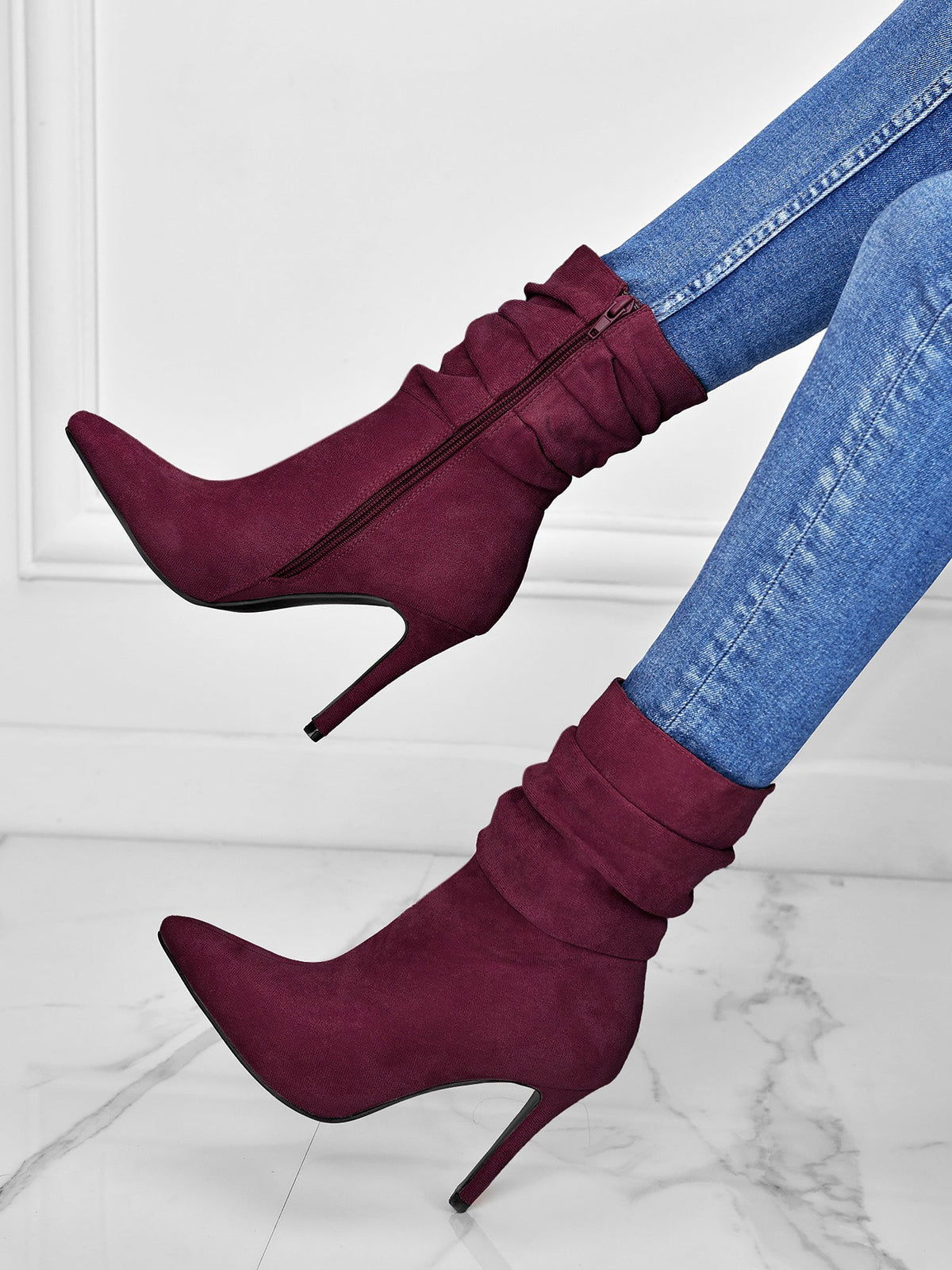 Faux Suede Pointed Toe High Heels Ruched Ankle Boots