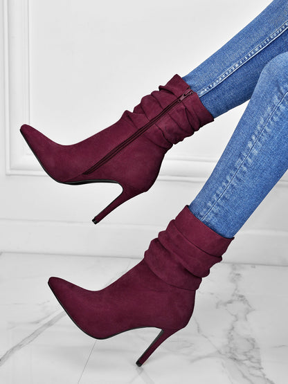 Faux Suede Pointed Toe High Heels Ruched Ankle Boots