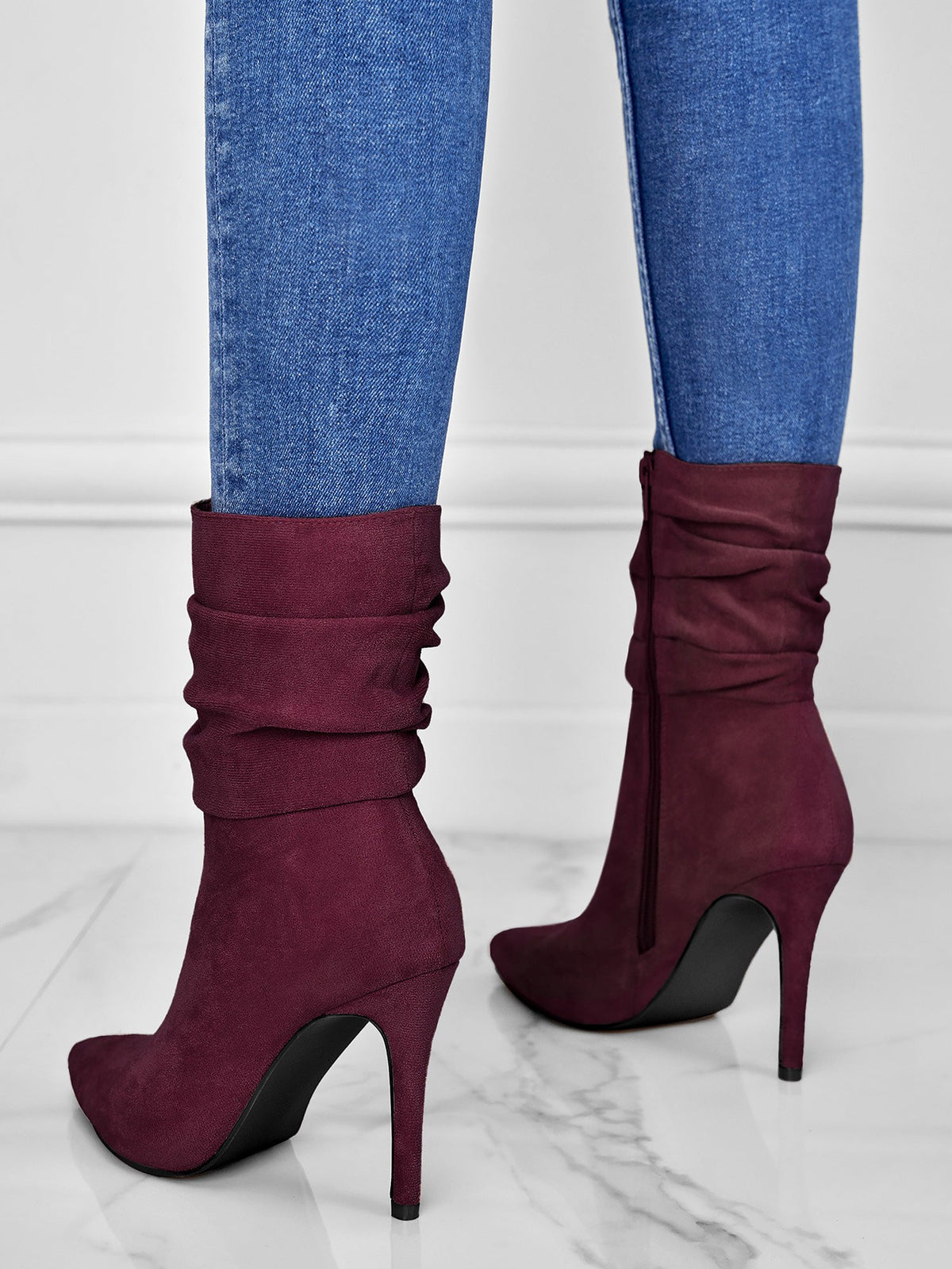 Faux Suede Pointed Toe High Heels Ruched Ankle Boots
