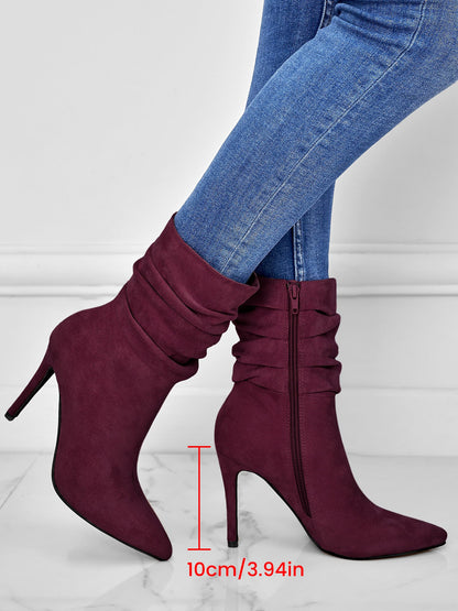 Faux Suede Pointed Toe High Heels Ruched Ankle Boots