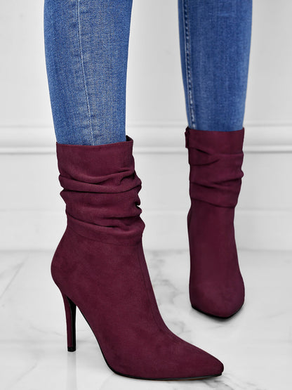 Faux Suede Pointed Toe High Heels Ruched Ankle Boots