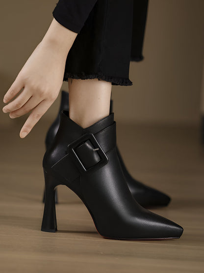 Pointed Toe Buckle Detail Faux Leather Ankle Boots
