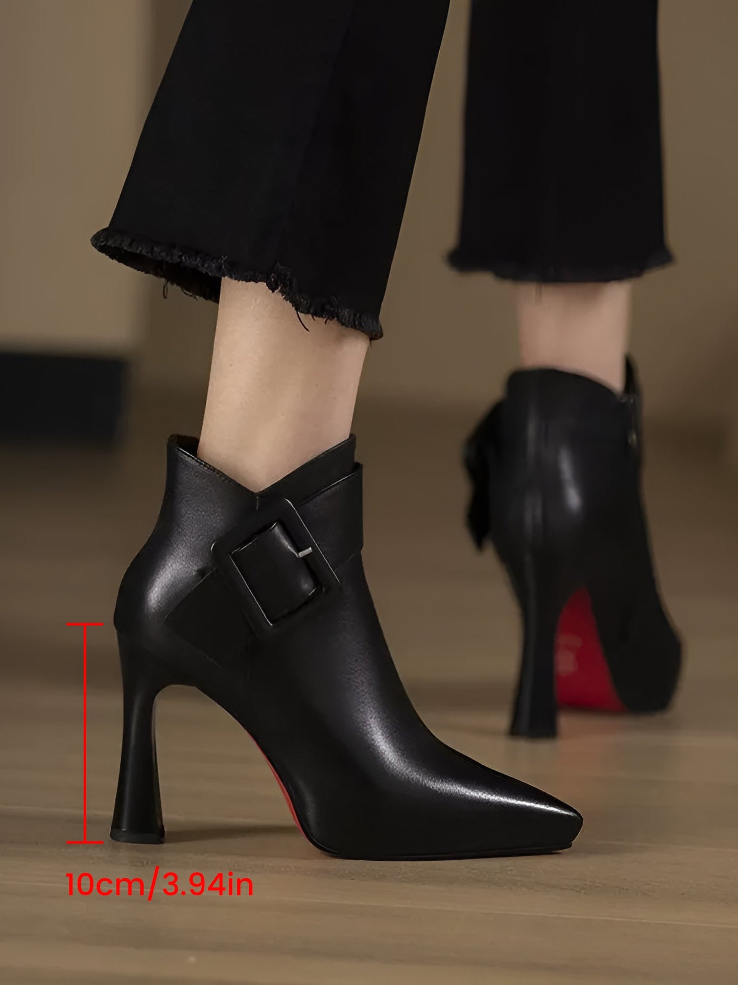 Pointed Toe Buckle Detail Faux Leather Ankle Boots