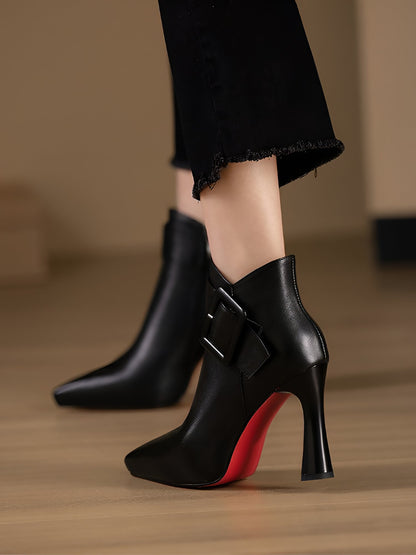 Pointed Toe Buckle Detail Faux Leather Ankle Boots