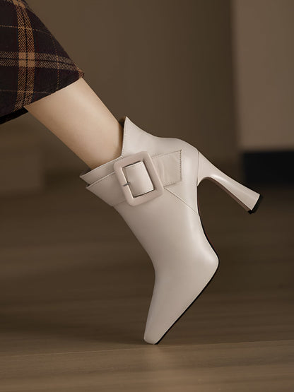 Pointed Toe Buckle Detail Faux Leather Ankle Boots