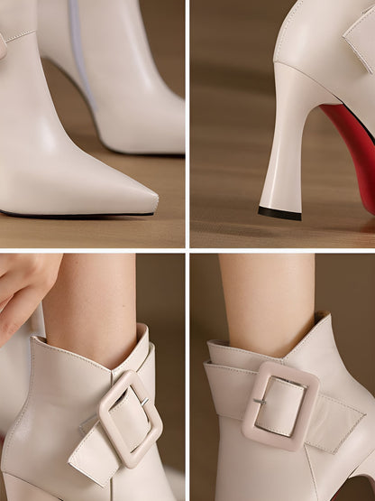 Pointed Toe Buckle Detail Faux Leather Ankle Boots