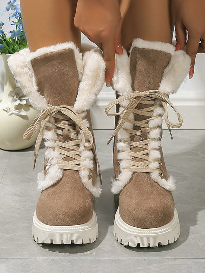 Fuax Fur Fleece-Lined Lace-Up Mid-Calf Boots