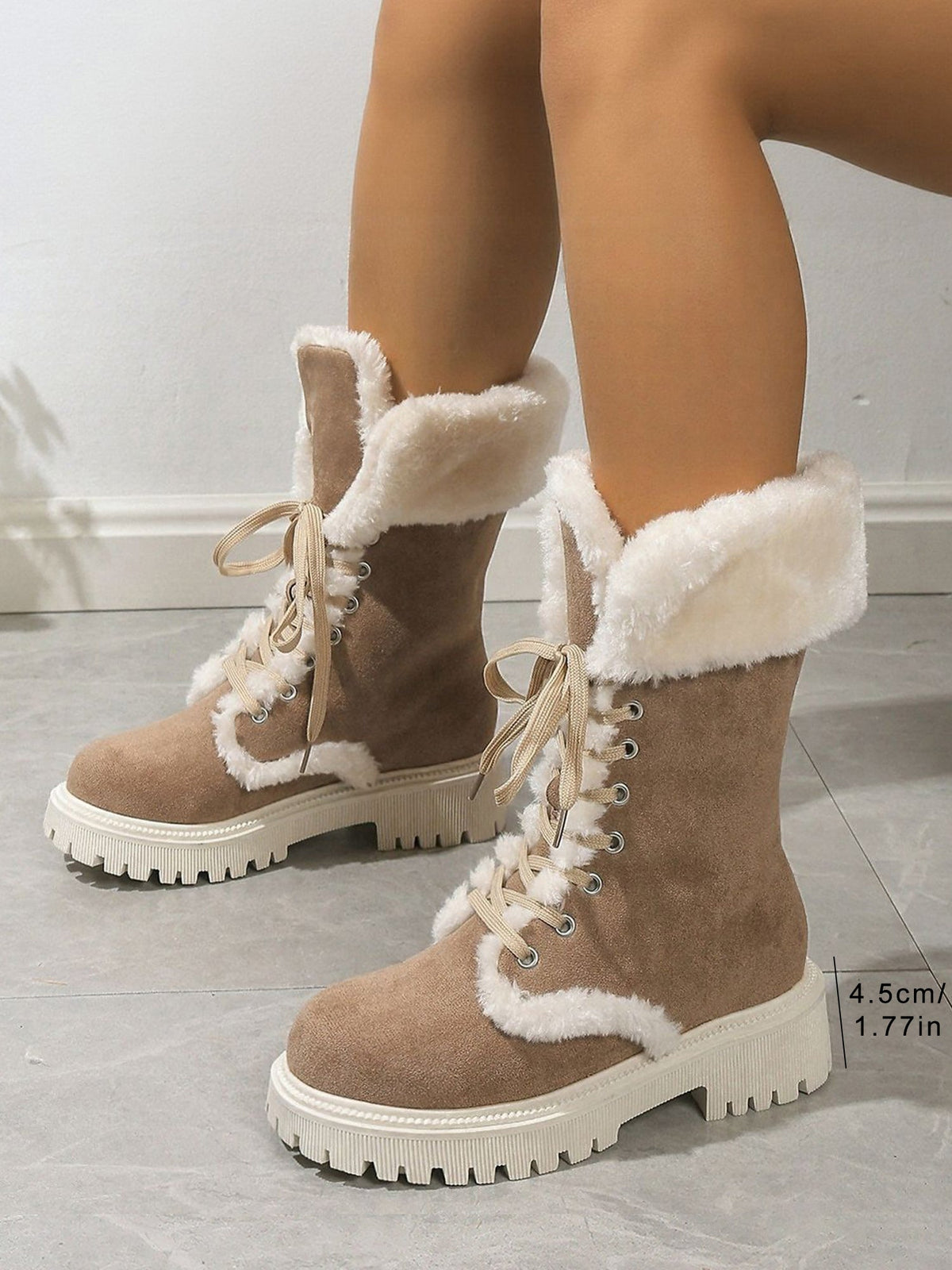 Fuax Fur Fleece-Lined Lace-Up Mid-Calf Boots