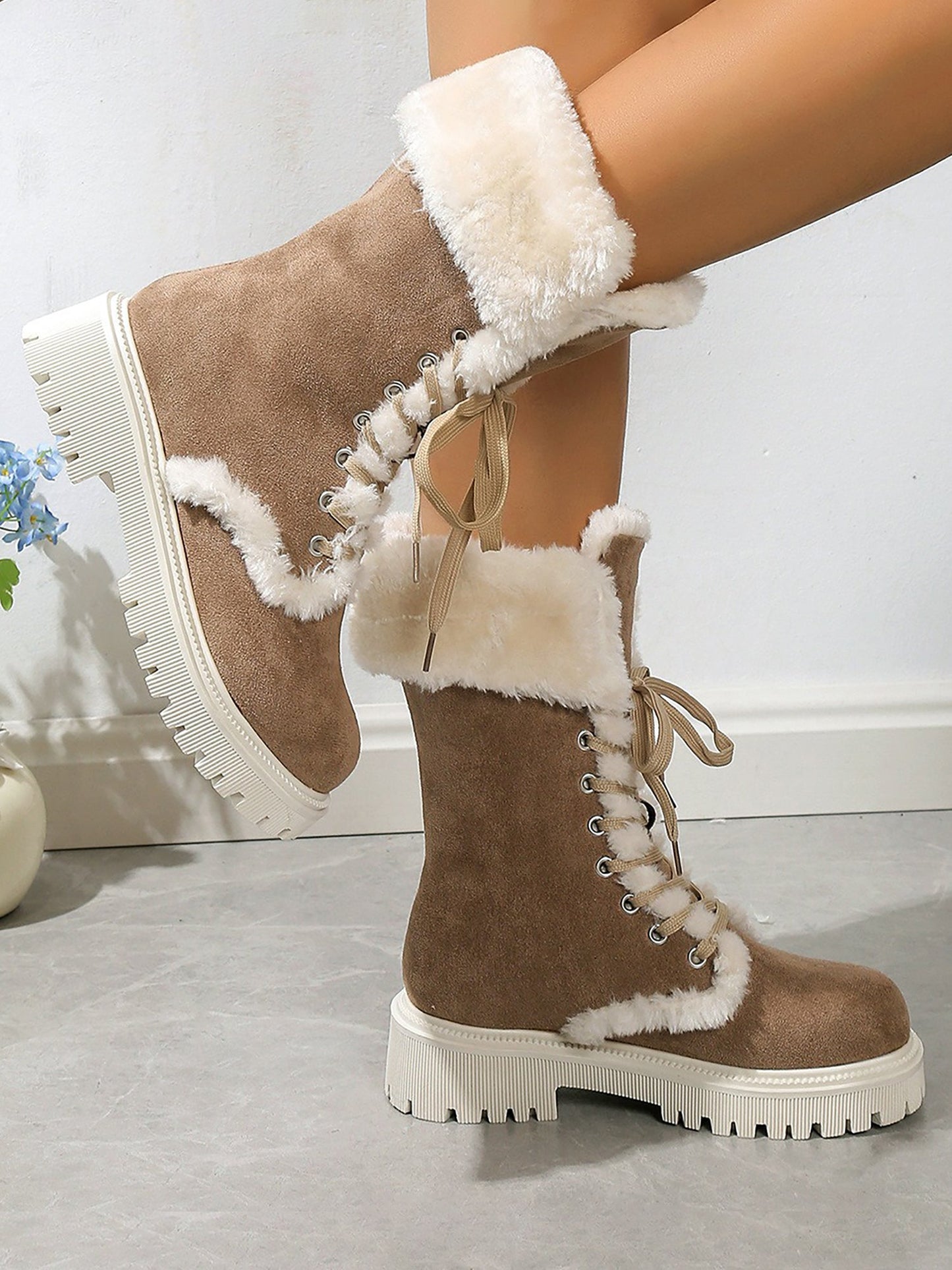 Fuax Fur Fleece-Lined Lace-Up Mid-Calf Boots