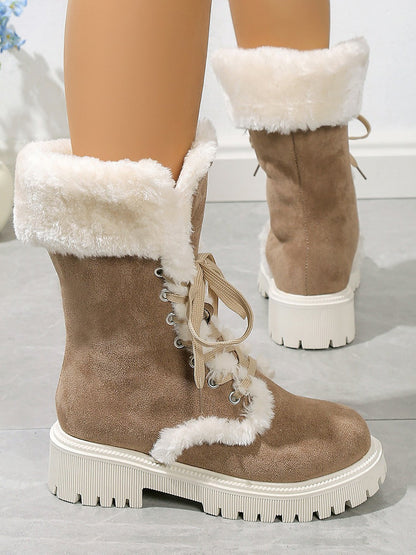 Fuax Fur Fleece-Lined Lace-Up Mid-Calf Boots