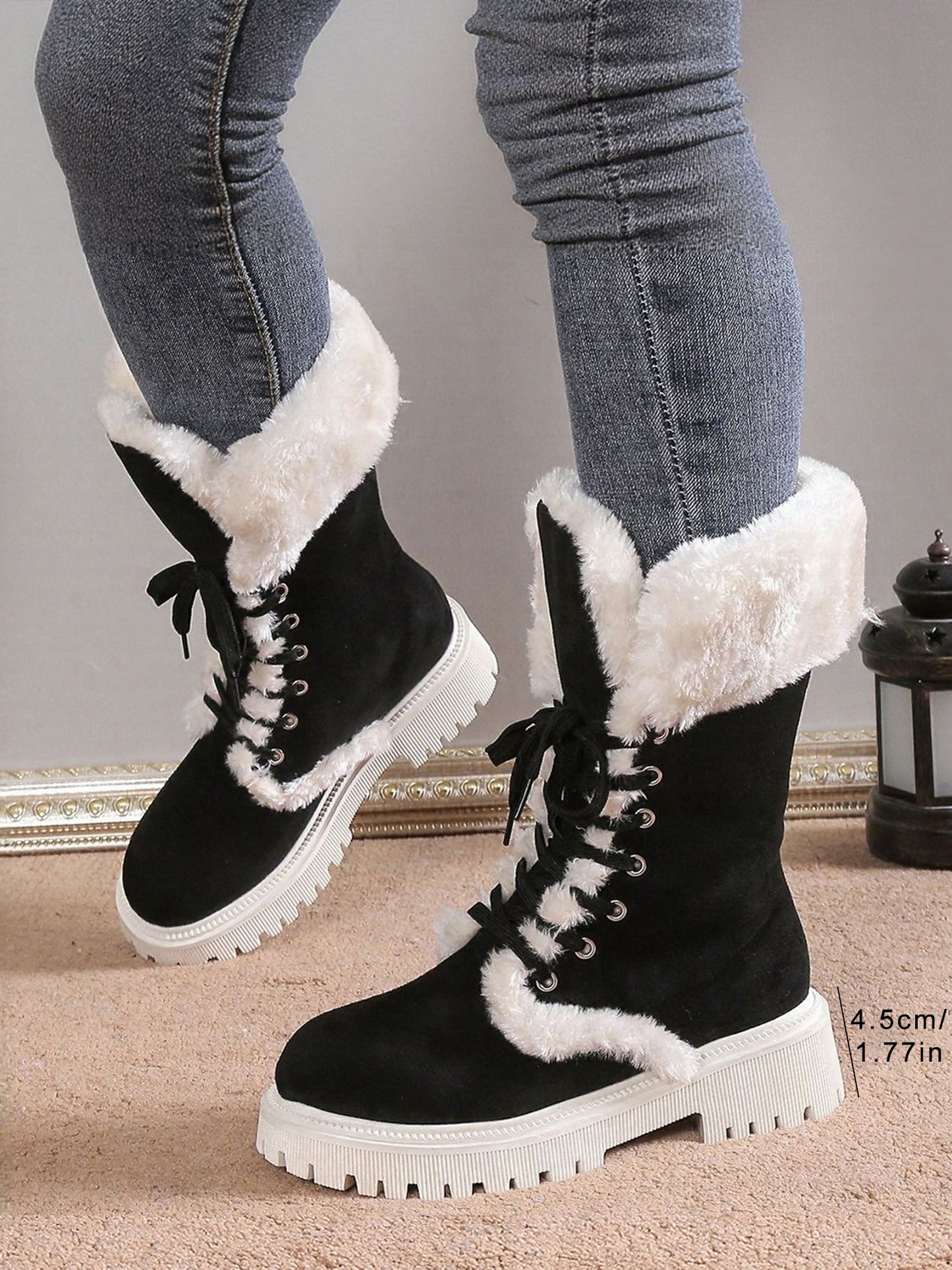 Fuax Fur Fleece-Lined Lace-Up Mid-Calf Boots