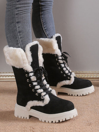 Fuax Fur Fleece-Lined Lace-Up Mid-Calf Boots