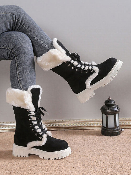 Fuax Fur Fleece-Lined Lace-Up Mid-Calf Boots
