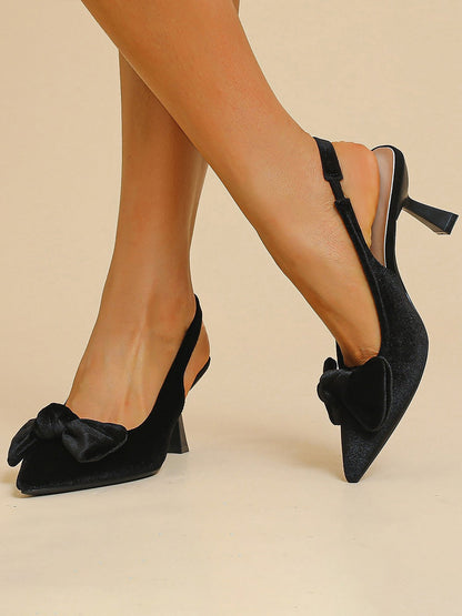 Pointed Toe Kitten Heel Bow Velvet Slingback Sandals