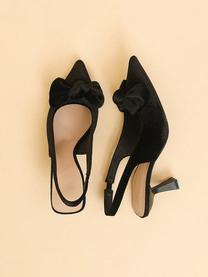 Pointed Toe Kitten Heel Bow Velvet Slingback Sandals