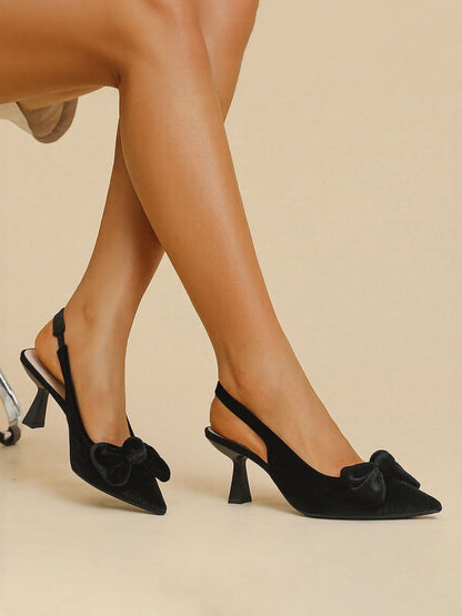 Pointed Toe Kitten Heel Bow Velvet Slingback Sandals
