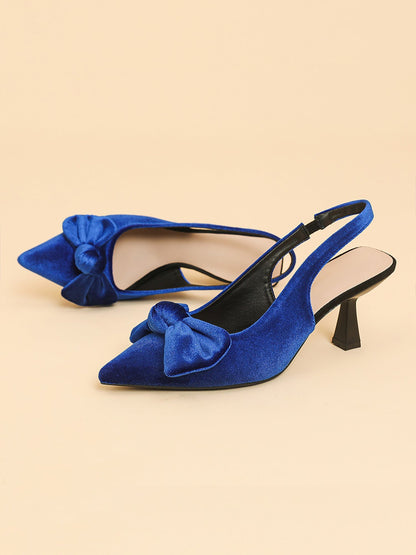 Pointed Toe Kitten Heel Bow Velvet Slingback Sandals