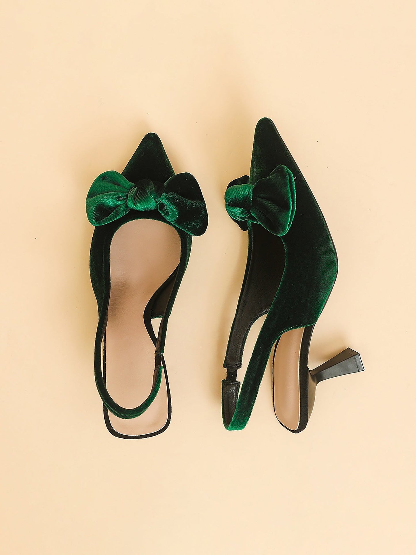 Pointed Toe Kitten Heel Bow Velvet Slingback Sandals