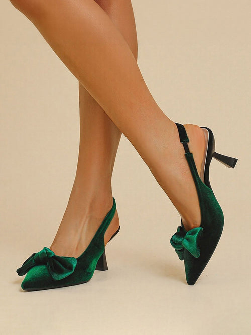 Pointed Toe Kitten Heel Bow Velvet Slingback Sandals
