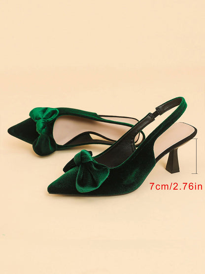 Pointed Toe Kitten Heel Bow Velvet Slingback Sandals