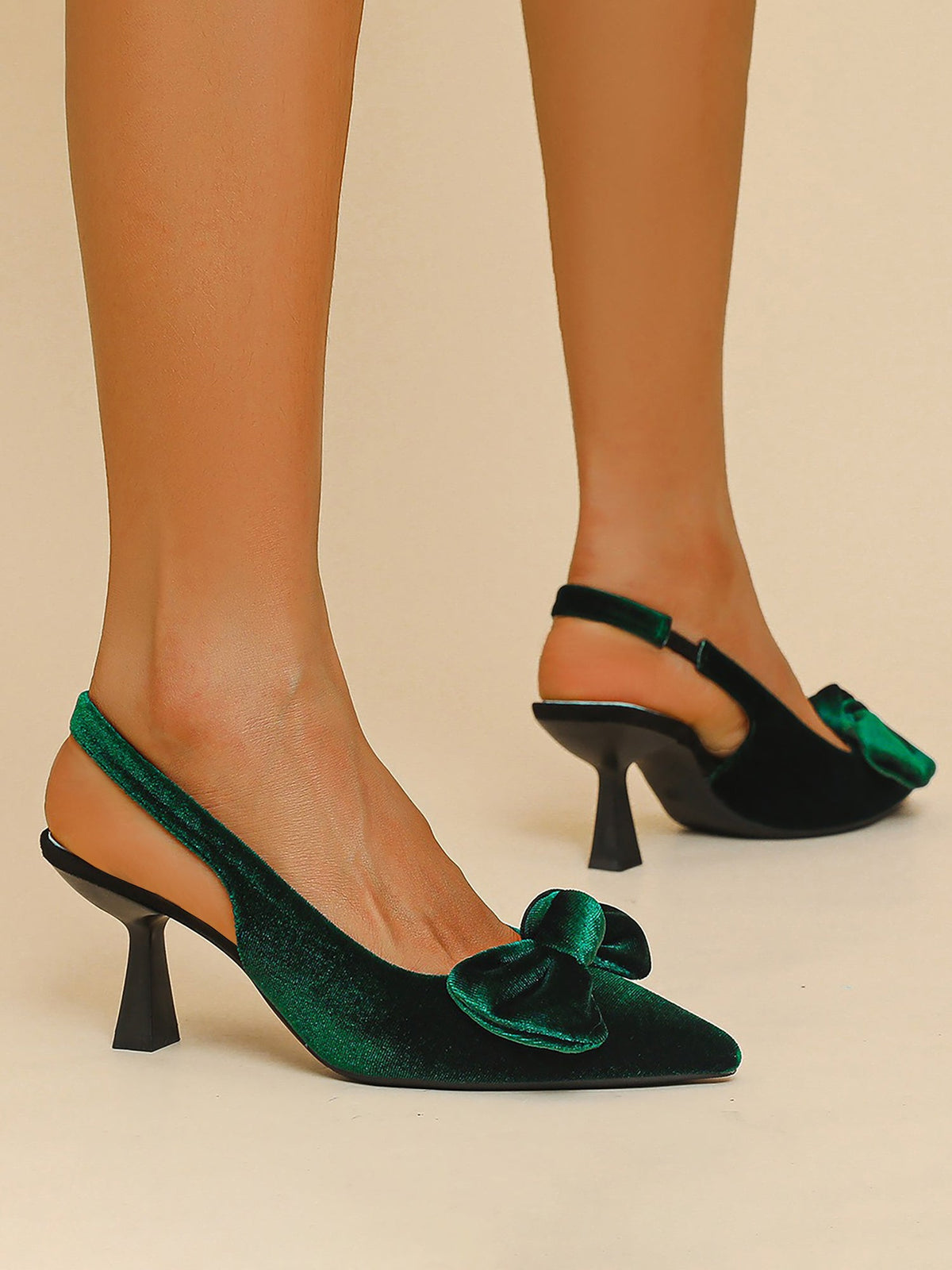 Pointed Toe Kitten Heel Bow Velvet Slingback Sandals