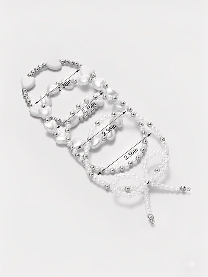 4 Pieces Heart Shaped Imitation Pearl Bow Beaded Bracelets Set