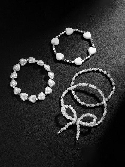 4 Pieces Heart Shaped Imitation Pearl Bow Beaded Bracelets Set