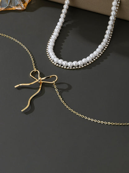 Retro Imitation Pearl Alloy Bow Necklace