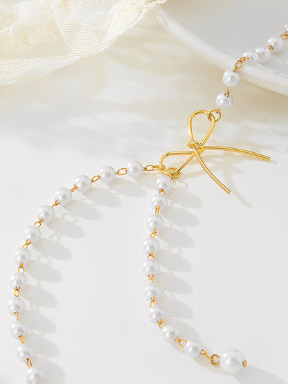 Retro Imitation Pearl Alloy Bow Necklace