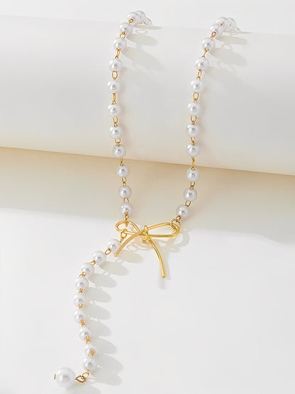 Retro Imitation Pearl Alloy Bow Necklace