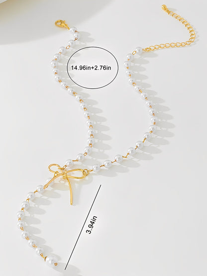 Retro Imitation Pearl Alloy Bow Necklace