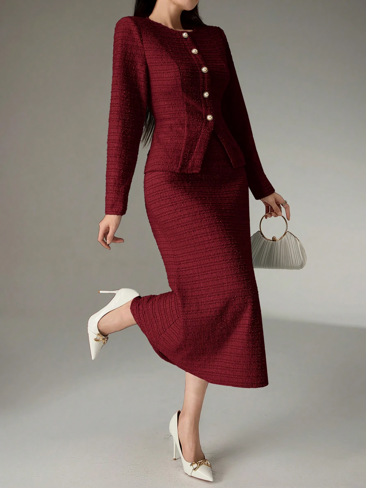 2 Pieces Tweed Round Neck Blouse & Midi Fishtail Skirt Matching Set