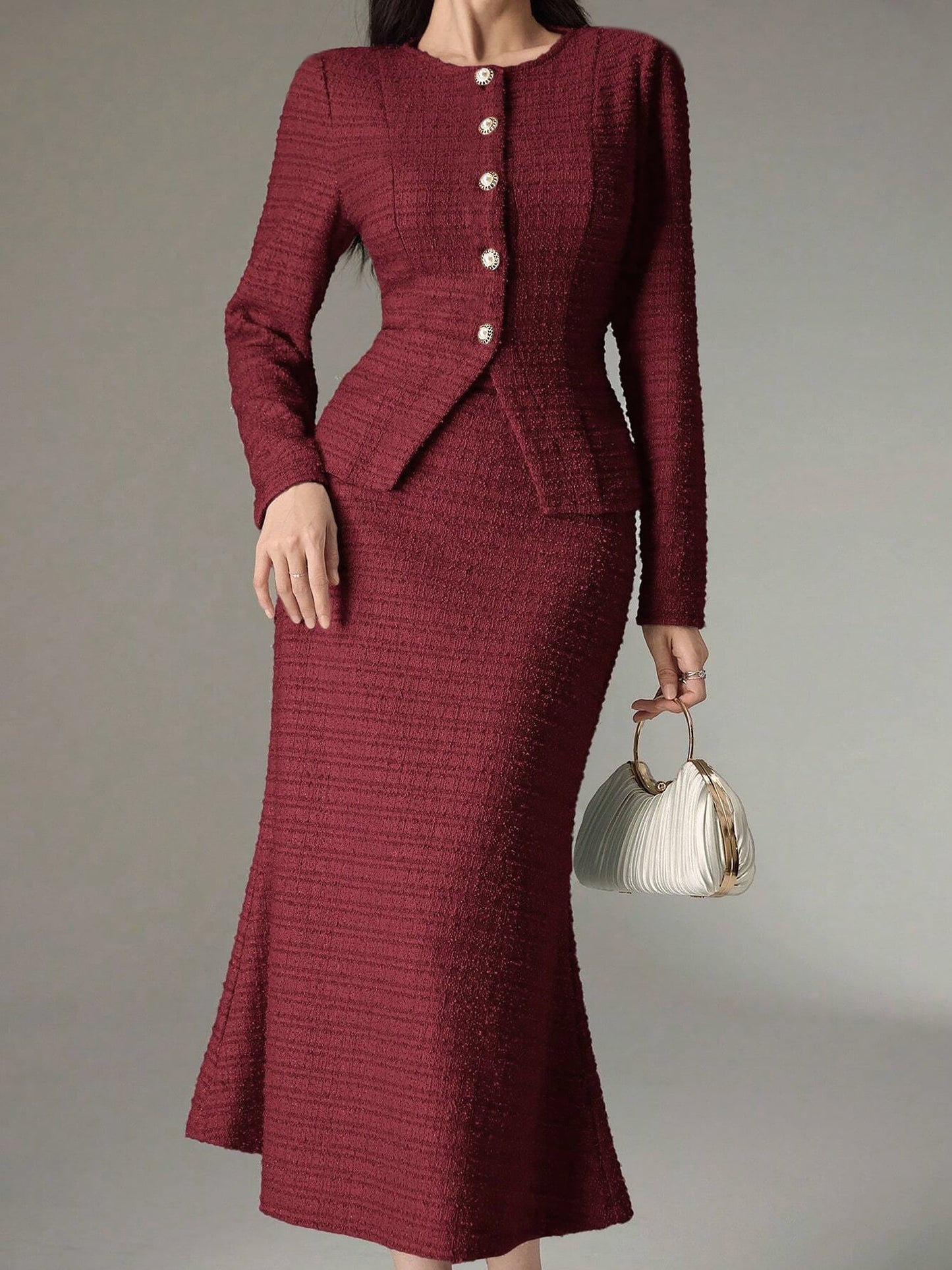 2 Pieces Tweed Round Neck Blouse & Midi Fishtail Skirt Matching Set