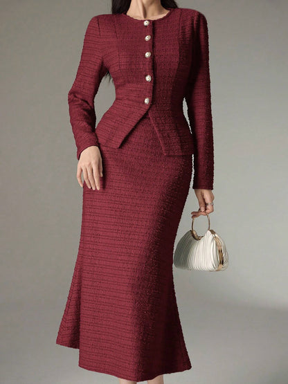 2 Pieces Tweed Round Neck Blouse & Midi Fishtail Skirt Matching Set