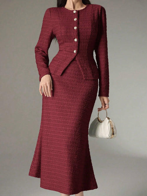 2 Pieces Tweed Round Neck Blouse & Midi Fishtail Skirt Matching Set