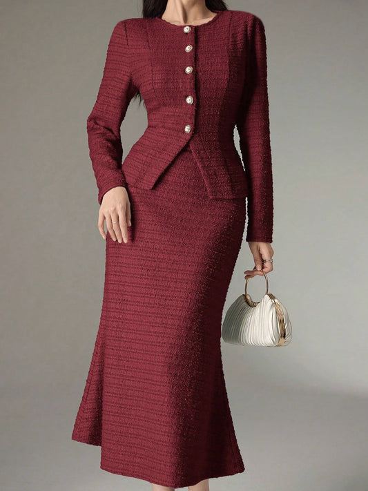 2 Pieces Tweed Round Neck Blouse & Midi Fishtail Skirt Matching Set
