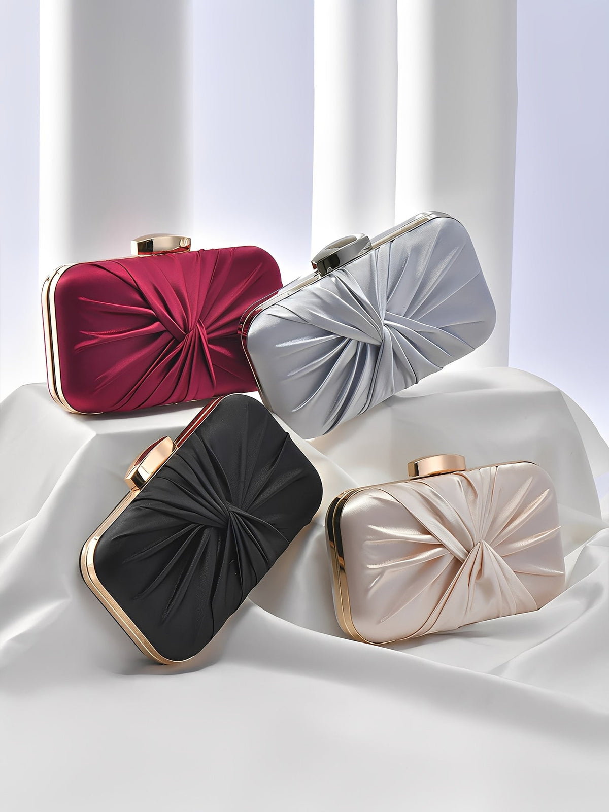 Ruched Satin Removable Chain Evening Clutch Bag