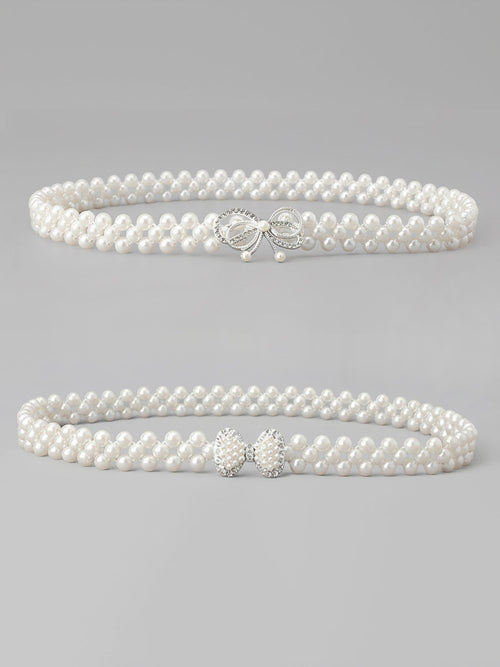 2 Pieces Faux Pearl Chain Rhinestone Women's Belt